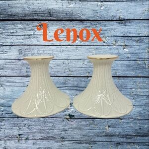 Lenox Monticello Candle Stick Holder Feather Leaf Design Gold Rim Classic Look